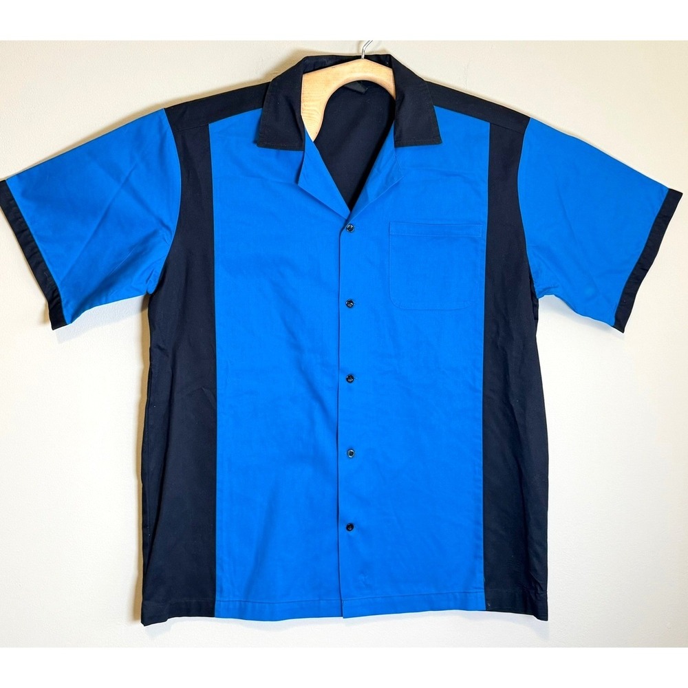 Hilton Bowling Retro Shirt Mens M Blue Black Colorblock Rockabilly Y2K